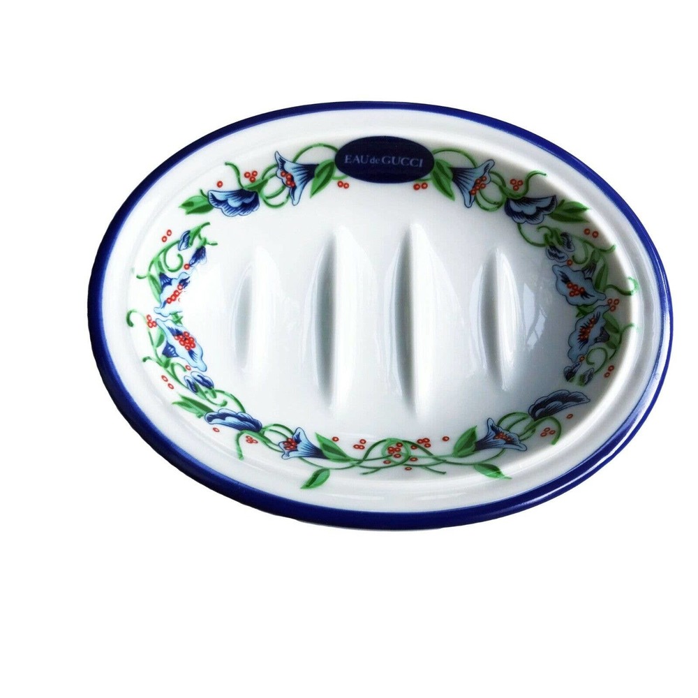 Rare EAU de GUCCI 5 3/4” Soap Dish by WOODMERE CHINA New Castle, PA Blue Florals